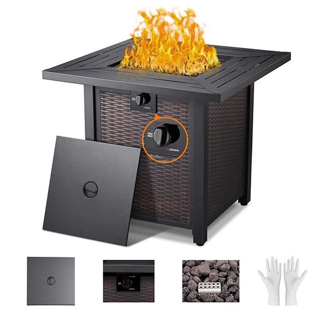 Propane Fire Pit Table,Outdoor Companion,28 Inch 2 in 1 Gas Fire Pit Table with lid,Fire Pit Fireplace Dinning Table Lava Stone 50,000BTU Auto-Ignition Gas,and Strong Striped Steel Surface
