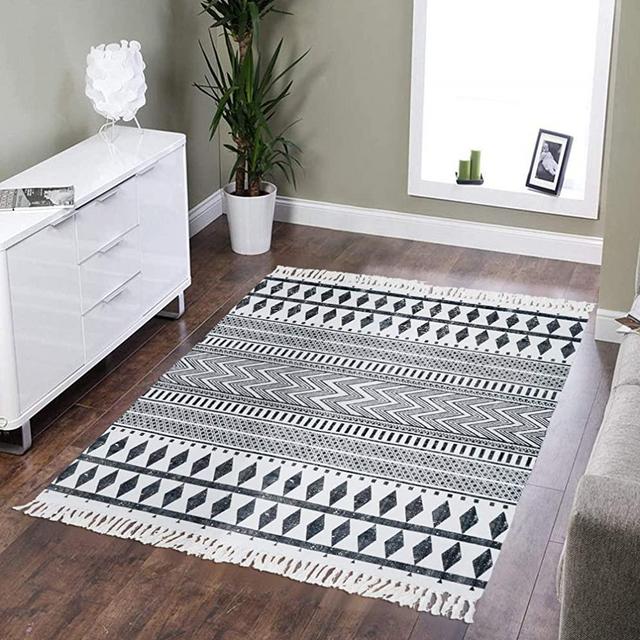 HEBE Large Cotton Area Rugs 3'x5' Machine Washable Printed Woven Tassel Throw Rugs Black and White Floor Carpet Mat Bohemian Rug for Living Room Bedroom