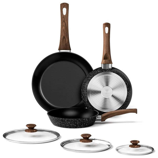 Frying Pan Set With Lids - Non Stick Frying Pans Set 3 Pcs, Nonstick Skillet Pans Set Egg Omelette Pan W/Lid, PFOA Free, Induction Non Toxic Cooking Black Pan Set