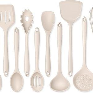Onader Silicone Cooking Utensils Set of 10, Kitchen Utensils for Nonstick Cookware, Heat Resistant & Nontoxic Spatula Set- Khaki