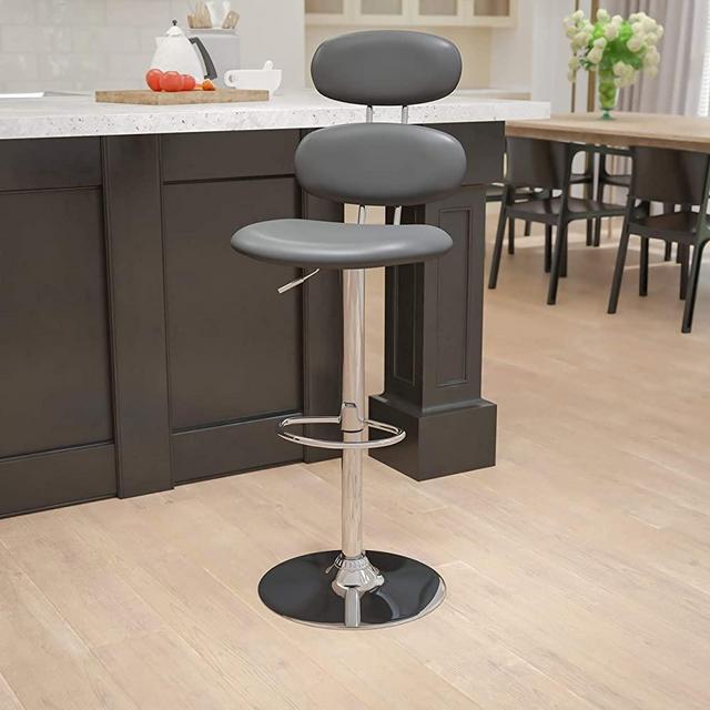 Flash Furniture Contemporary Gray Vinyl Adjustable Height Barstool with Ellipse Back and Chrome Base