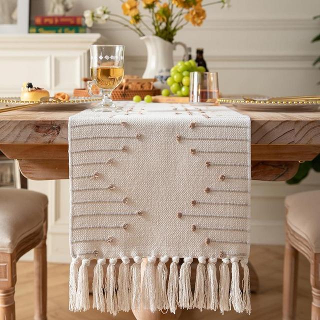 Boho Table Runner 13 x 108 Inch Long Natural Cotton Woven Runner with Tassels for Home Dining Table décor, for Modern Farmhouse Decor Coffee Table Runner, Taupe and Beige