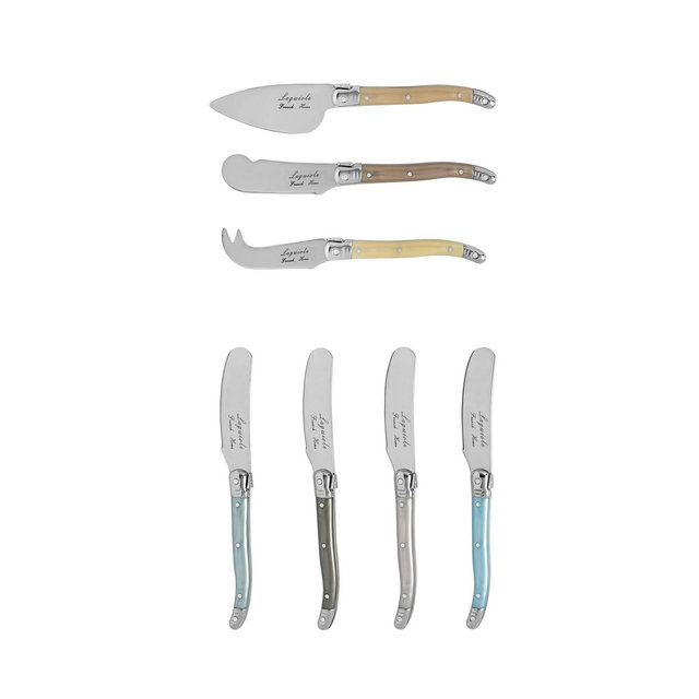 French Home Laguiole Mother of Pearl Cheese Knife and Spreader Set, 7 Piece.