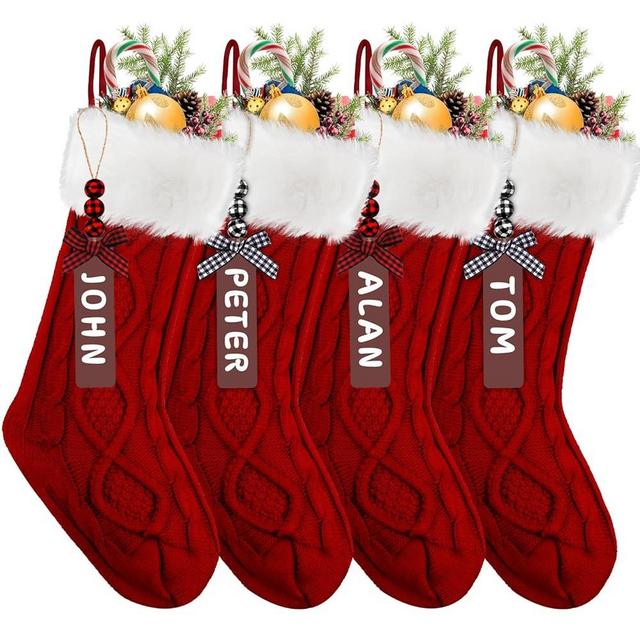 XIMISHOP 4PACK Christmas Stockings,18Inches Large Red Cable Knitted Stocking Personalized Xmas Hanging Stocking Decorations with Name Tags for Holiday Christmas Party Family Decor