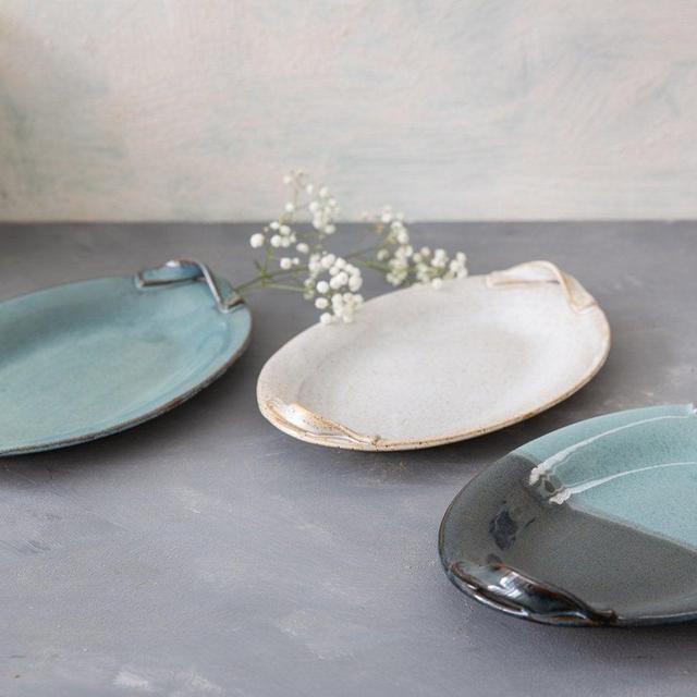 White Oval Platter with Handles, Handmade...