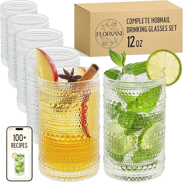 Florvani 12 Oz Hobnail Drinking Glasses Set of 6 - Clear Multipurpose Glassware Sets, Decorative & Stylish Glasses Drinking Set for Bar, Kitchen, Cocktail Glassware, Garden - Home, Dining, & Kitchen