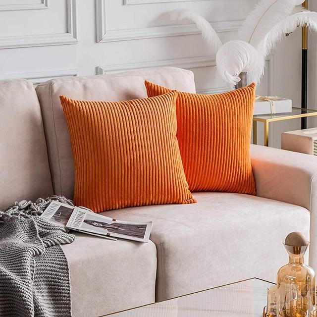 Home Brilliant Decorative Accent Pillow Covers Case Striped Corduroy Plush Velvet Cushion Cover for Couch Rust, Set of 2, Burnt Orange, 18x18 inches (45cm)