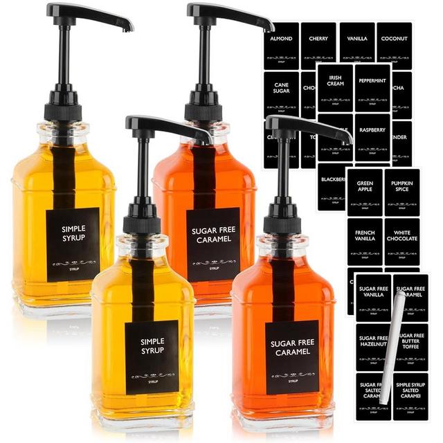 STARSIDE 16 oz Coffee Syrup Dispenser,4 pcs Clear Glass Syrup Bottle with 1/4oz Capacity Pump,Syrup Dispenser for Coffee Bar with Plastic Pump and Syrup Labels