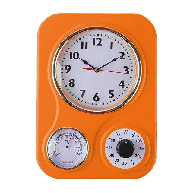 Retro Kitchen Clock with Temperature and Timer (Orange)