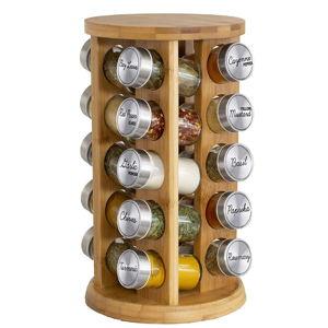 Orii 20 Jar Rotating Bamboo Spice Rack with Spices Included & 5-Year Free Spice Refill Program – Revolving Countertop Spice Rack with Glass Jars