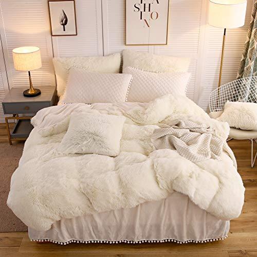 LIFEREVO Luxury Plush Shaggy Duvet Cover Set (1 Faux Fur Duvet Cover + 2 Pompoms Fringe Pillow Shams) Solid, Zipper Closure (Queen Light Beige)