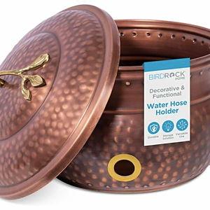 BIRDROCK HOME Water Hose Holder with Lid | Ground Garden Hose Pot | Decorative | Handle | Embossed | Steel Metal with Copper Accents | Outdoor or Indoor Use