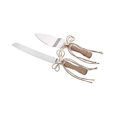 Rustic Wedding Cake Knife and Server Set-ULA Natural Burlap Twine Handle Wood Heart Cutlery for Wedding Gift,Birthday Gift,Bridal Shower Gift,Engagement Gift,Anniversary Gift, Unique Gift (Burlap)