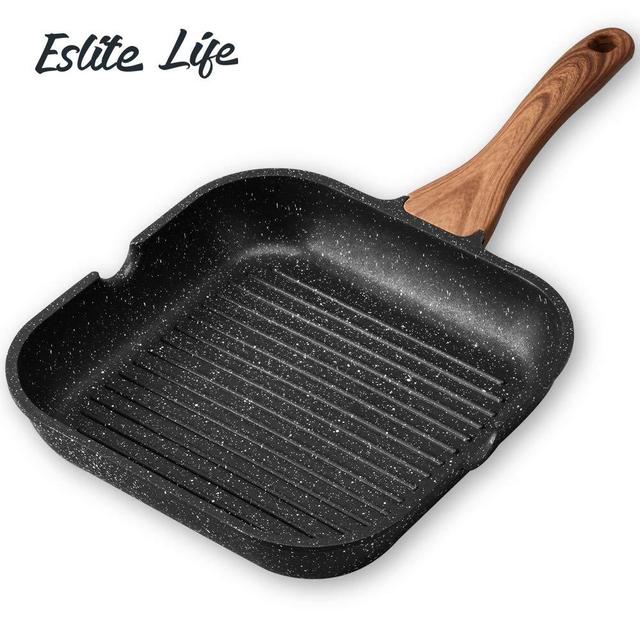 ESLITE LIFE Nonstick Grill Pan Square Griddle Pan for Stove Top with Pour Spouts Induction Compatible, 9.5 inch