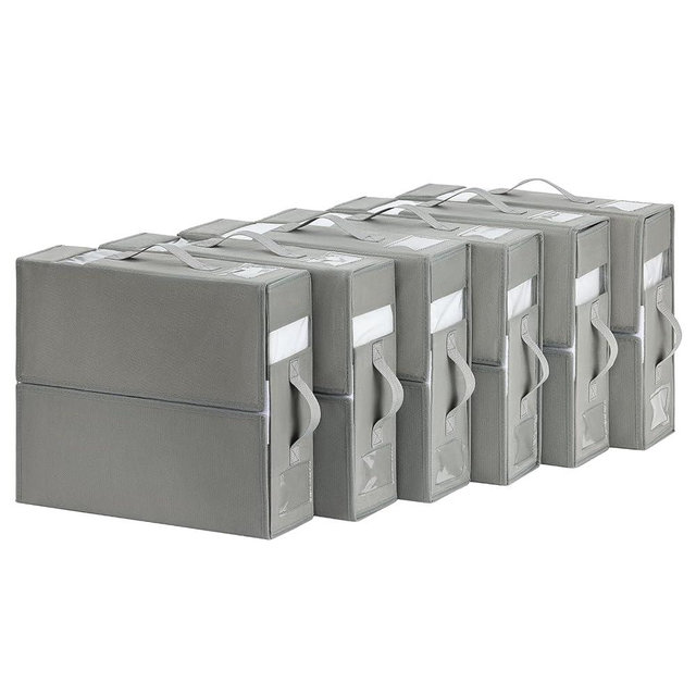 DIMJ Organizer 6 Pack, Foldable Storage Box for Linen Closet, Bed Sheet Organizers and Storage with Window (Grey, Queen & King Size, 12.99x14.96x4.33 inches)