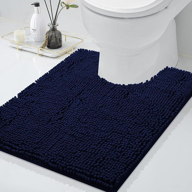 smiry Chenille U-Shaped Toilet Bathroom Rugs, Soft Absorbent Non-Slip Contoured Rugs, Machine Washable Contour Bath Mats for Bathroom Toilet, 20" x 24", Navy Blue