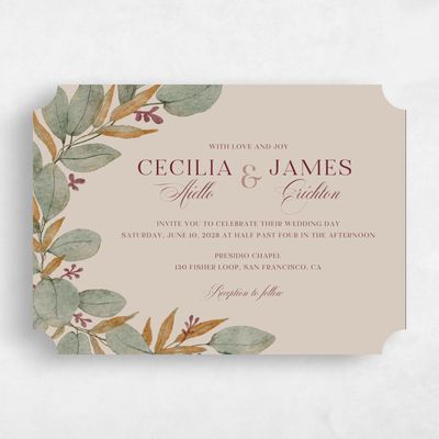 Beige Ticket Wedding Invitation - Nutmeg Landscape