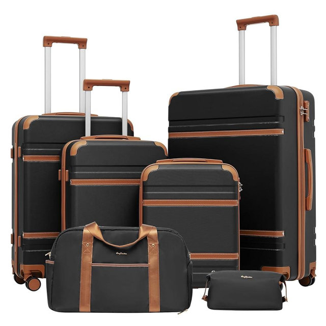 LONG VACATION Luggage Set 4 Piece Luggage ABS Carry on Suitcase Hardside Luggage with TSA Lock Spinner Wheels Travel Bag(Black Brown, 6 piece set)