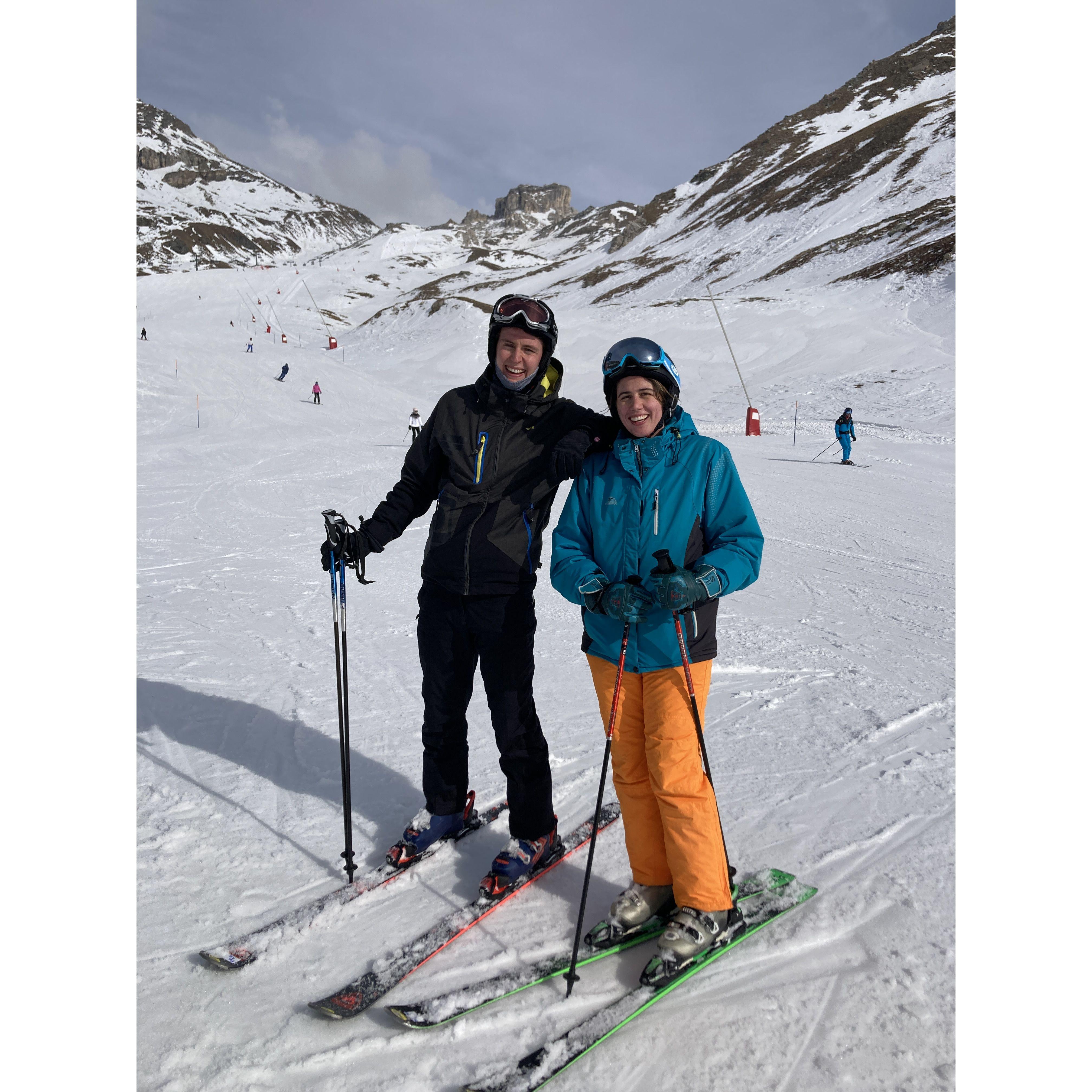 Our first skiing trip together. One dare devil chasing the other down the slopes.