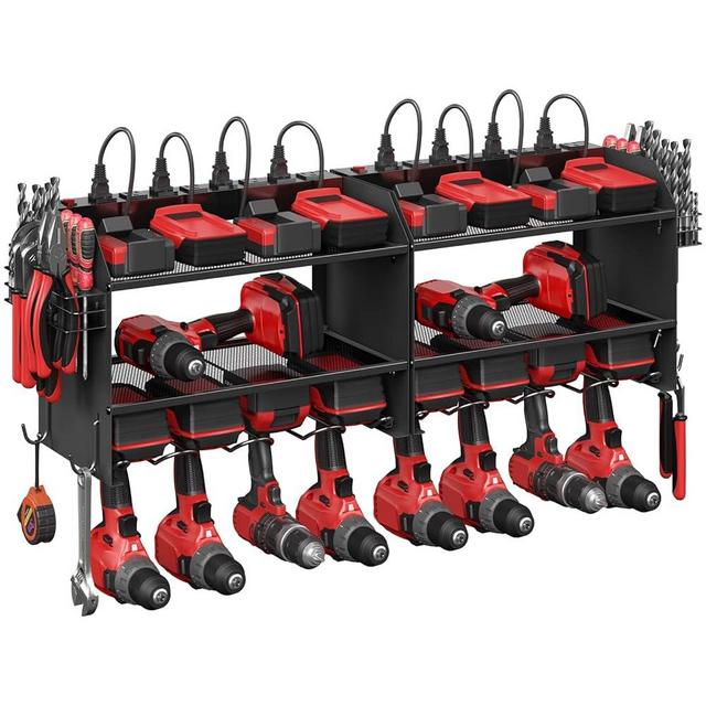 CCCEI Set Power Tool Organizer Wall Mount with Charging Station. Garage 4 Drill Storage Shelf with Hooks, Heavy Duty Metal Tool Battery Charger Organizer. Shop Utility Rack with Power Strip Black.