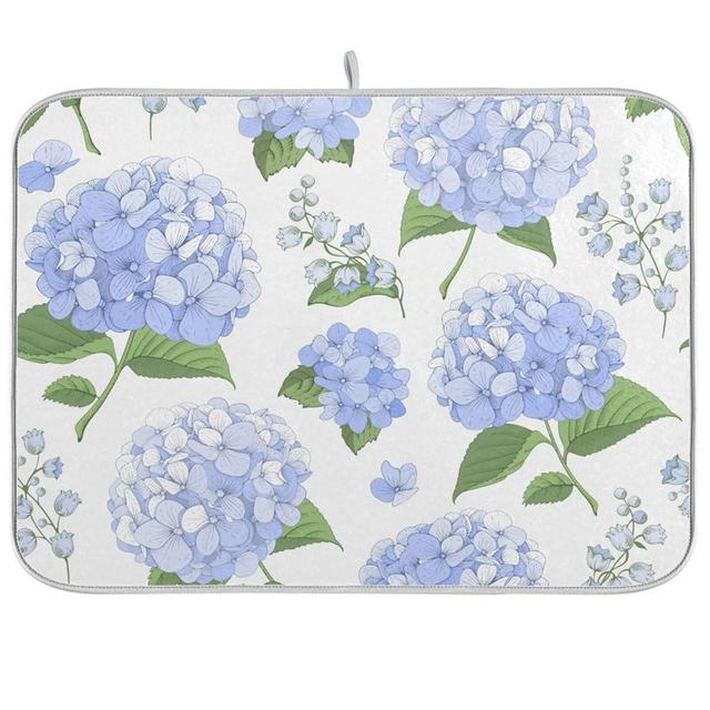 Blue Hydrangea Flowers Dish Drying Mat for Kitchen Counter 16x18 inch Large Super Absorbent Drying Mat for Countertop Protector Dishes Pad Kitchen Drying Matt