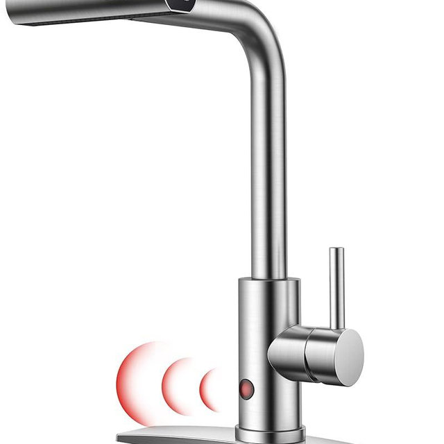 FORIOUS Touchless Waterfall Kitchen Faucets, Brushed Nickel Kitchen Sink Faucet with Pull Down Sprayer, Stainless Steel Modern Contemporary Kitchen Faucet Hands-Free for Laundry Bar Rv Farmhouse