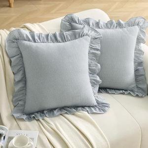 Blue/White Plaid Ruffle Throw Pillow Covers Farmhouse Checkered Gingham 18"x18" Vintage Washed Cotton Pillow Shams for Couch,Sofa,Bed and Living Room