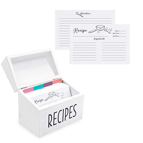 White Farmhouse 4x6 Wood Recipe Box with Cards and Dividers Gift Set | 100 White Double Sided 4x6 Recipe Cards & 12 Dividers | Great Gift for Mom Women Wedding Bridal Shower