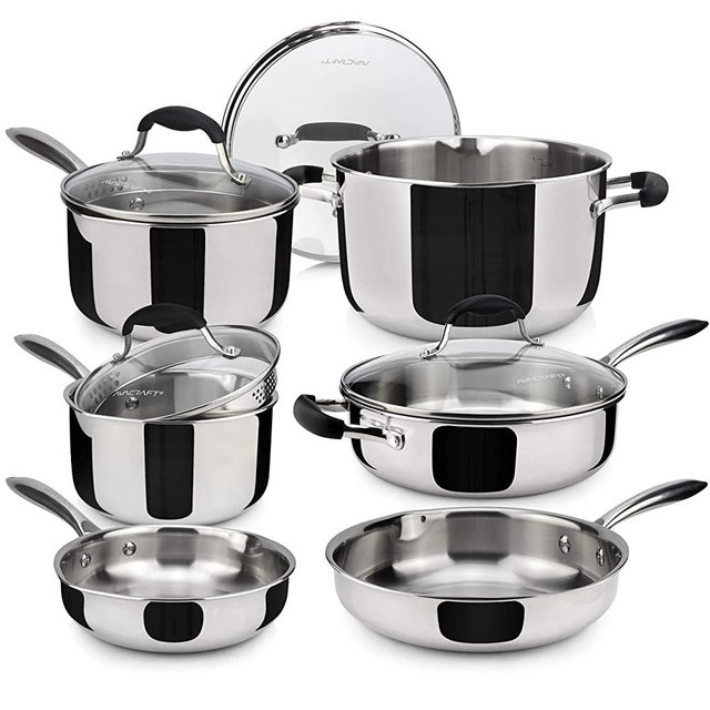 AVACRAFT 18/10 Stainless Steel Premium Multiclad Pots and Pans Set, Stainless Steel Cookware Set, Tri-Ply Body Stainless Steel Pan Set, 10-Piece Set