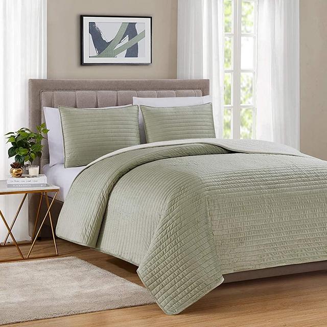 Bourina Velvet Sherpa Blanket Quilt, Super Plush Quilt 3-Piece Bedding Large Double-Sided Plush Comfort Softest Quilt Sets, Queen 90×94" Green