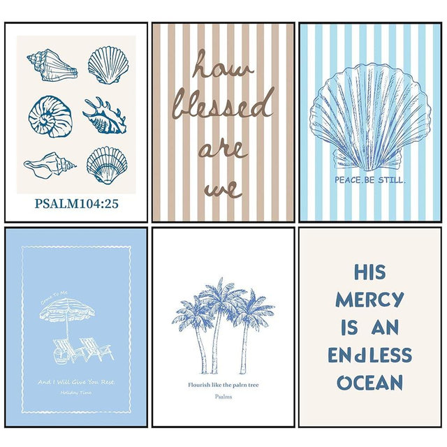 5 Pcs Coastal Christian Wall Art Bible Verse Wall decoration pictures Seashell Beach Scripture Canvas poster Prints for Living Room Bedroom Office Unframed Religious Decor (8x10in poster)