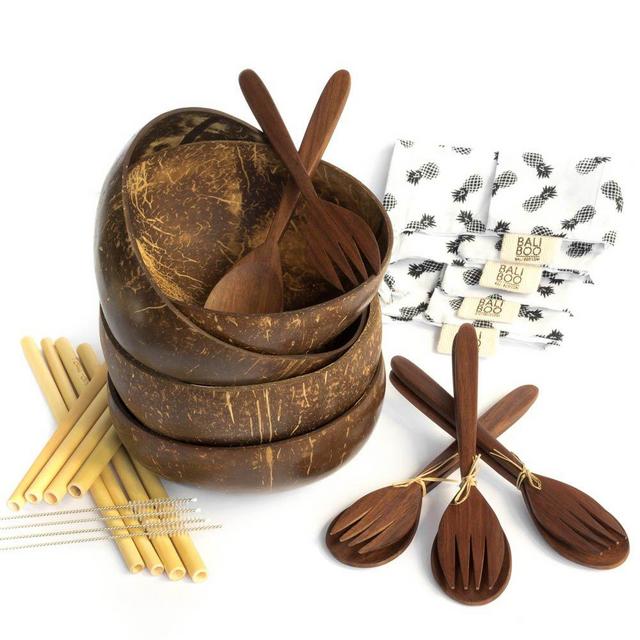 Bali Boo Coconut Bowl Set of 4 Bonus Cutlery Set for 4 & 8 Bamboo Straws - Zero Waste Handmade Serving Bowls - Breakfast Smoothie - Eco Friendly Sustainable - Toddler and Vegan Gifts from Bali