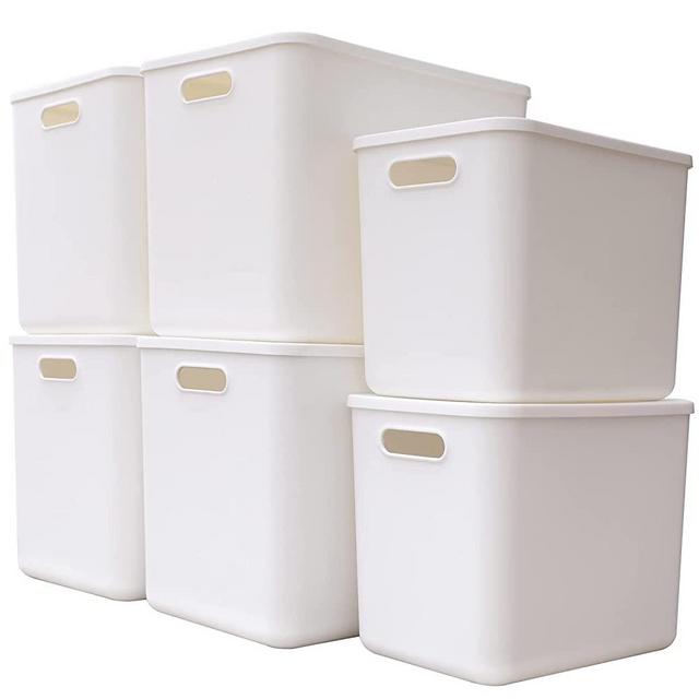 Yishyfier Plastic Storage Baskets Bins Boxes With Lids,Organizing Container White Storage Organizer Bins For Shelves Drawers Desktop Playroom Classroom Office,6-Pack(4XL+2L)