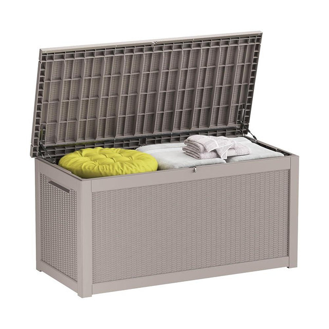 Decksplore Outdoor Storage Box Waterproof, 320 Gallon Lockable Resin Deck Box, Patio Storage Bin for Pool Accessories Cushion Furniture, Garden Tools, UV-Resistant Outside Delivery Grey