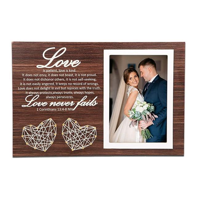 Agbrics Rustic Photo Frame - 1 Corinthians 13 Love never fails - Unique Couple Gift for Engagement, Bridal Shower, Wedding Anniversary - Handmade String Hearts - 12.5 x 8.5 in