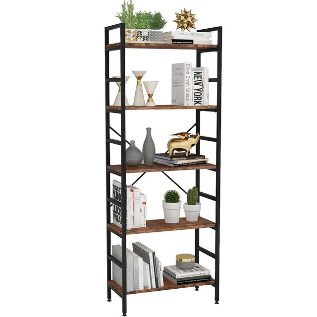 5-Tier Adjustable Tall Bookcase, Rustic Wood and Metal Standing Bookcase, Industrial Vintage Book Shelf Unit, Back Modern Office Bookcases(11.8" Lx 23.6" Wx 62.9" H)