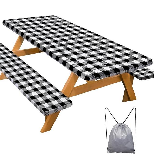 Picnic Table Cover with Bench Covers Camping Essentials Waterproof Windproof Camping Tablecloth with Drawstring Bag, Fitted Rectangle Tables and Seats, 72in, White Black Checkered