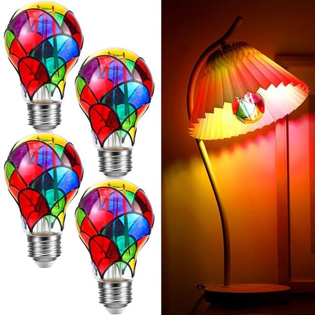 VIHOSE 4 Pcs Stained Glass Light Bulb E26 LED Multicolor Bulbs Vintage Rainbow Light 6w for Home Lighting Balcony Festive Atmosphere (A19/A60)