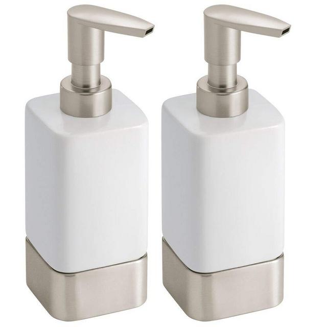 mDesign Modern Square Ceramic Refillable Liquid Hand Soap Dispenser Pump Bottle for Kitchen, Bathroom, Powder Room - Great for Hand Sanitizer, Dish Soap & Essential Oils - 2 Pack - White/Satin