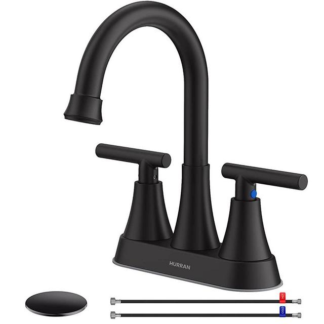 Hurran 4 inch Bathroom Faucets with Pop-up Drain and 2 Supply Hoses, Stainless Steel Lead-Free 2-Handle Centerset Faucets for Bathroom Sink 3 Hole, Matte Black
