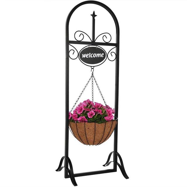 Sunnydaze Hanging Basket Planter Stand with Decorative Welcome Sign, Indoor/Outdoor Plant Holder, 48 Inch Tall