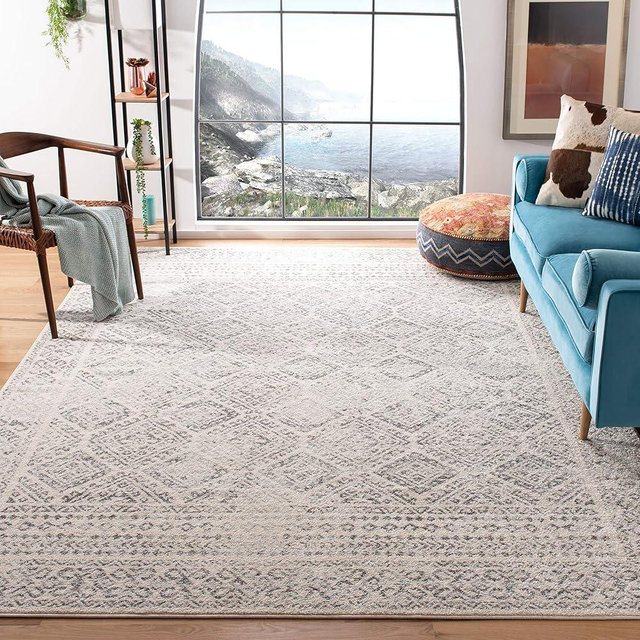 SAFAVIEH Tulum Collection Area Rug - 10' Square, Ivory & Grey, Moroccan Boho Distressed Design, Non-Shedding & Easy Care, Ideal for High Traffic Areas in Living Room, Bedroom (TUL264A)