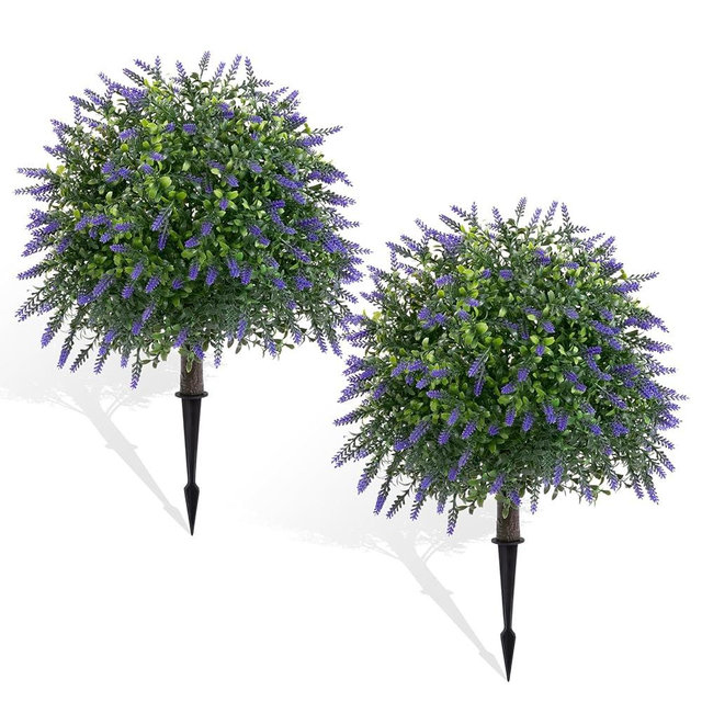 Topotdor 23.6" Lavender Topiary Trees Artificial Outdoor Faux Plants, 2 Pack Boxwood Ball Tree UV Resistant Fake Shrubs Bushes with Spike for Indoor Outside Front Porch Home Garden Decor