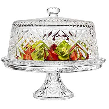 Godinger 4 in 1 Cake Stand and Serving Plate Platter with Dome Cover, Multi-Purpose Use - Dublin Crystal Collection