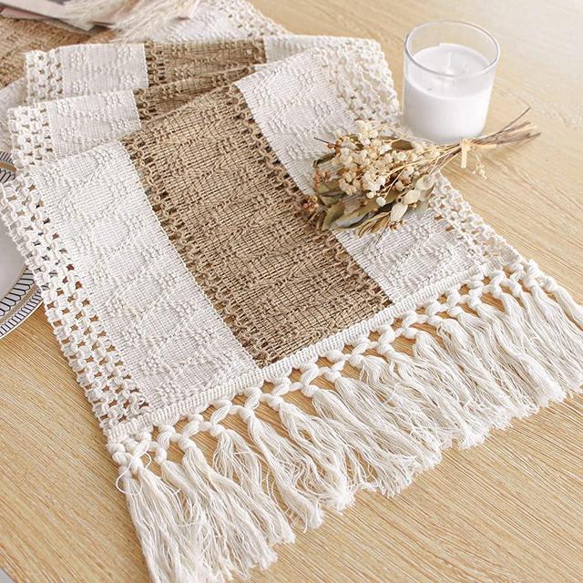 FEXIA Macrame Table Runner 72 Inches Long Boho Table Runner Farmhouse Style Cream & Brown Table Runner with Tassels for Party Bohemian Rustic Wedding Bridal Shower Dining Bedroom Decor (12x72 Inches)