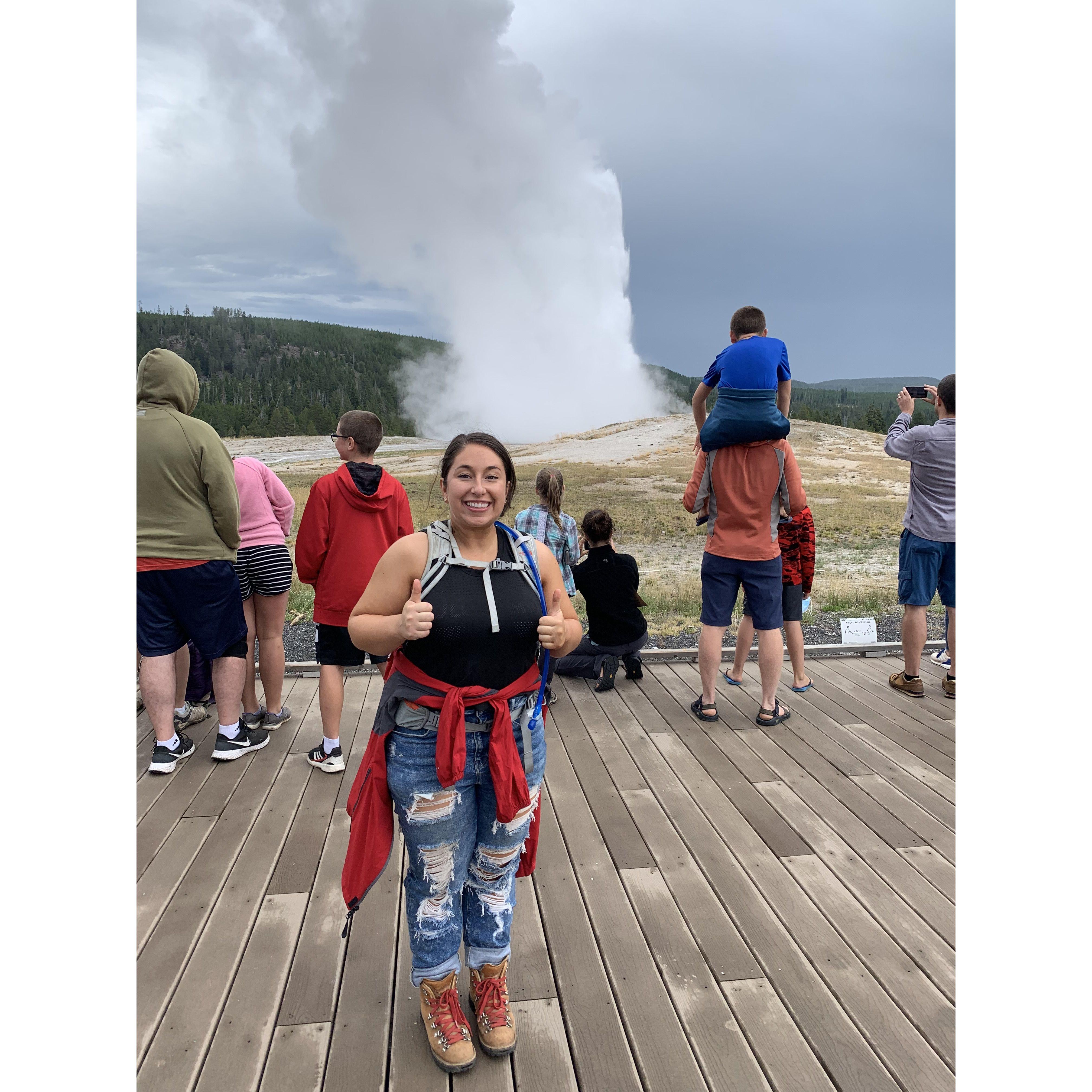 Old Faithful in Yellowstone, July 2021. Can you believe that Sylvana, a self-professed vulcanologist, HAD NEVER BEEN BEFORE??