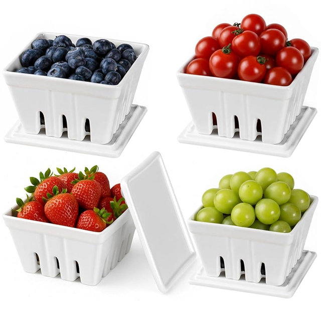 Blushtier 4 Pack Ceramic Berry Basket with Lids, 5'' Fruit Bowl with Draining Hole Ceramic Berry Colander for Strawberry, Grape, Cherry, Stoneware Fruit Basket for Kitchen Counter Decoration