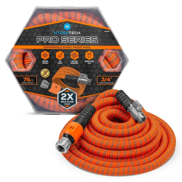 HydroTech 75' Pro Series Expandable Max Flow Garden Hose Orange: Durable Kink & Burst Resistant, 3/4" Diameter