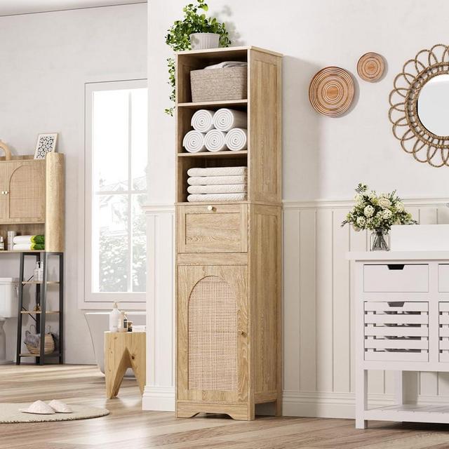 67''H Bathroom Storage Cabinet with Rattan Doors and Slide storage, Tall narrow standing Tower Cabinet with Adjustable Shelves, Small Bathroom Floor Cabinet for Entryway, Kitchen, Natural