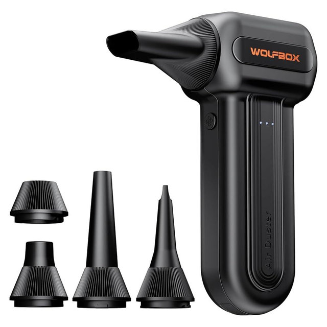 WOLFBOX MF60 Compressed Air Duster-110000RPM Super Power Electric Air Duster, 3-Speed Adjustable Rechargeable Cordless Air Blower with Fast Charging for PC Keyboard Cleaning, Car, Home, 5 Nozzle